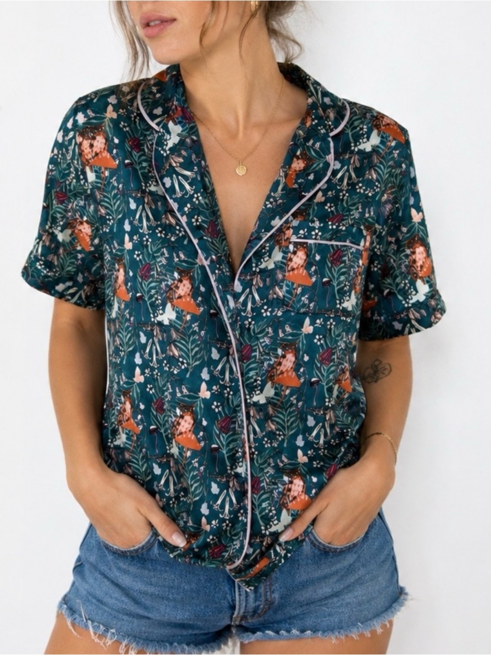 Their Nibs Woodland Owl Mushroom Satin Pajama Lounge Top Size S